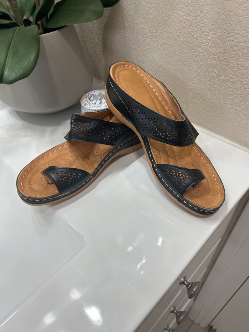 Black Laser-Cut Leather Slide Sandals